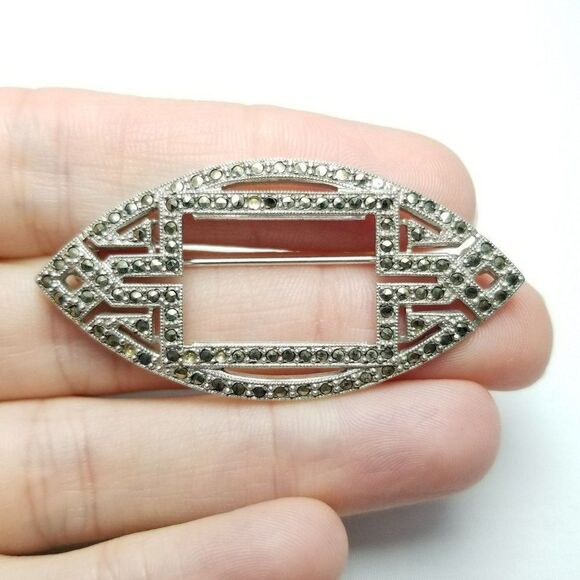 Vintage Sterling Silver Art Deco Style Marcasite Encrusted Brooch, Lapel Pin - Picture 2 of 9